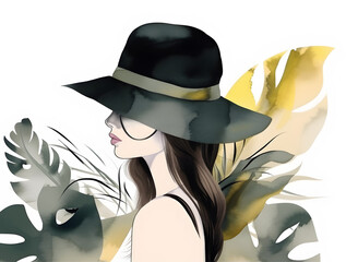 Fashion female model in hat with summer tropical plant soft green watercolor painting collage illustration. Generative Ai