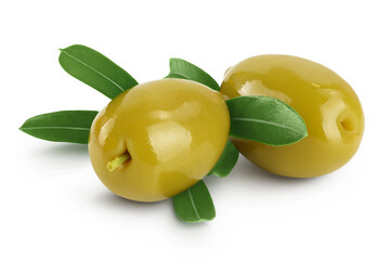 Green olives with leaves isolated on a white background with full depth of field.