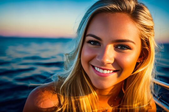 Digital portrait of a  beautiful smiling blonde girl on the luxury yacht. Concept of active life. Generative AI