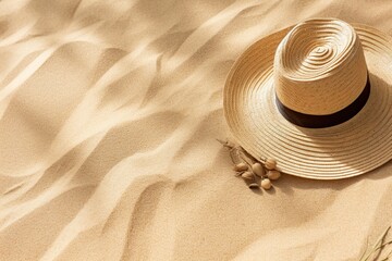 Fototapeta na wymiar Straw hat and sunglasses on sand - Beach - GENERATIVE AI