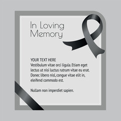 funeral card template with black ribbon over gray background