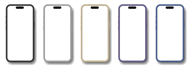 Mockup of a phone screen. Social media promotion. Advertising on a smartphone display. Device front view. 3D mobile phone with shadow. Cell phone. Black, silver, gold, purple and blue phones
