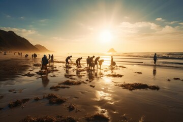 A group of volunteers cleaning up a polluted beach, engaged in collecting plastic waste, with the vast ocean as the background with warm sunlight. World Environment Day. AI Generative.