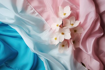 Composition of transgender pride flag of blue, pink, white colors with fresh flowers on it. Beauty, growth, self-acceptance. AI Generative.
