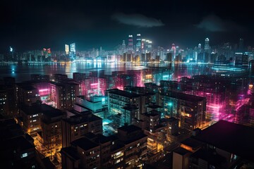 City skyline at night with buildings adorned with colorful LED lights powered by solar energy, creating a futuristic and sustainable cityscape. AI Generative.
