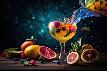 A tropical cocktail being poured into a glass. AI Generative.