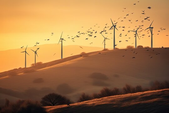 Wind turbine standing tall on a picturesque hill, with a flock of birds gracefully soaring around it, during a golden sunset with warm, soft lighting. AI Generative.