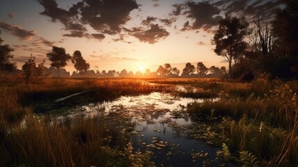 Fototapeta na wymiar Beautiful landscape of wetland. Nature photography. AI generated