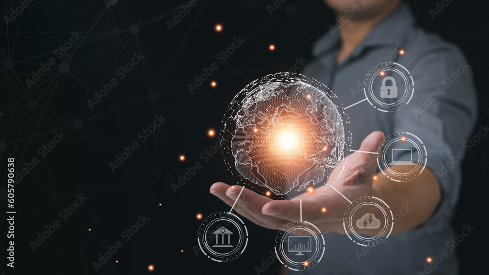 Poster businessman hand with globe and cloud computing diagram show on hand. cloud technology. data storage