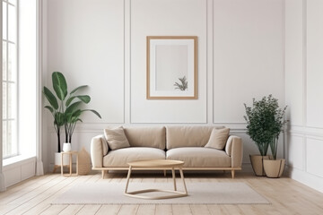 Step into this beautiful modern living room with natural light, a white couch, and green potted plants, highlighted by a mockup frame on the wall. AI Generative.