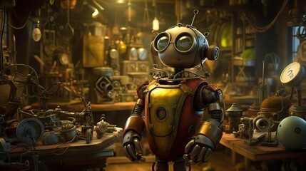 A portrait of a robot android cyborg in a steampunk factory, Generative AI