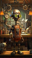 Obraz na płótnie Canvas A portrait of a robot android cyborg in a steampunk factory, Generative AI