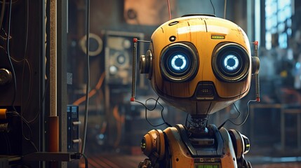 A portrait of a robot android cyborg in a steampunk factory, Generative AI