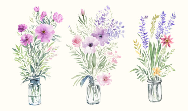 Set of wildflowers bouquet in a glass transparent vase, vector flowers isolated on white