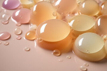 Cream gel drops cosmetic sample texture with bubbles on a pastel beige background. cosmetic smears of creamy texture