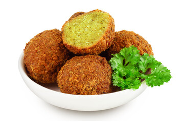 falafel in the bowl isolated on a white background closeup with full depth of field