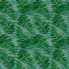 Seamless pattern fern watercolor hand painted illustration in green colors, greenery branch, twig, stem, forest plant isolated on grey background for wall art. Clip art for design