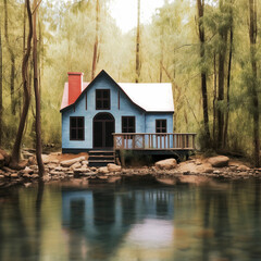 Obraz premium minimalist wooden house by the forest, reflecting in a river - generative AI