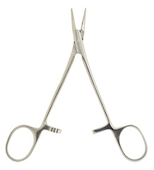 Surgical metal medical open clamp, isolated on transparent background .