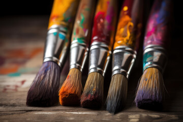 Fototapeta premium Row of artist paintbrushes closeup on artistic wooden background. Brushes with colorful paints