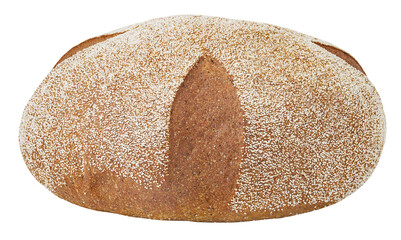 Dark round bread sprinkled with semolina, isolated on transparent background .