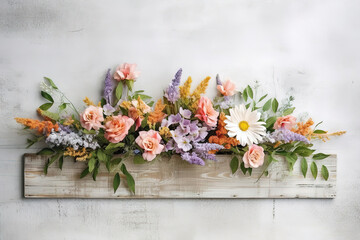 Obraz na płótnie Canvas flower arrangement on a wooden plank on the wall