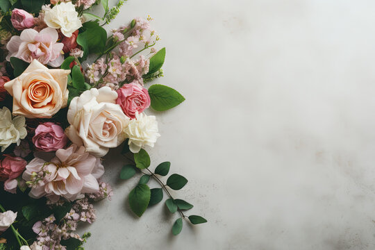 flower arrangement on the left side of the image with empty space for text on a layflat