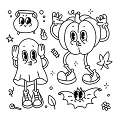 Halloween decorative design children coloring page composition. Pumpkin. ghost, bat and small cauldron. Hand drawn retro cartoon vector illustration for poster print, party invitation, sale banner.