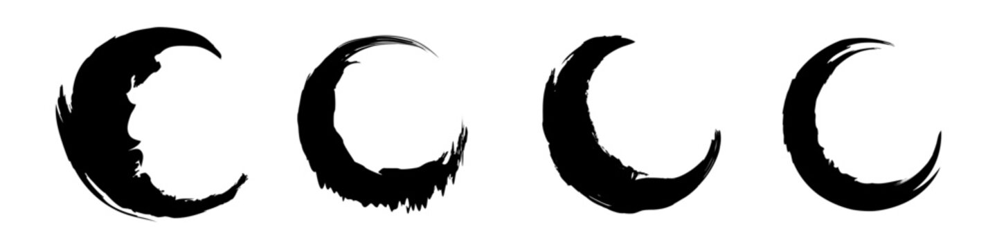 Set of black moon in grunge brush stroke style. Goth moon for design and prints. Vector illustration isolated on white background.