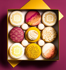 Box with sweet cupcakes. Square gift birthday box packaging. Generative AI.