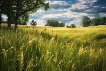 Obraz na płótnie Canvas meadow overgrown with grass against a stormy blue sky. Generative AI