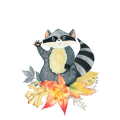 Watercolour card with raccoon and autumn leaves of oak tree, maple, elm, fantasy herbs hand drawn isolated on white.
