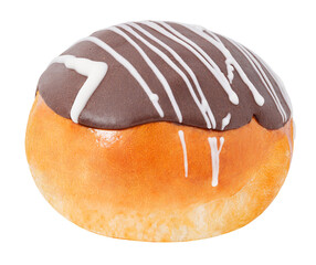 Bun poured with chocolate icing with white stripes, isolated on transparent background