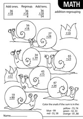 Math learning game for kids. Count and write the correct numbers on the snails. Solve the problem with the sum of tens. Tasks at school or at home. White black vector illustration