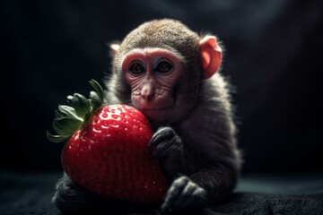 A large strawberry containing a cute monkey inside. Generative AI