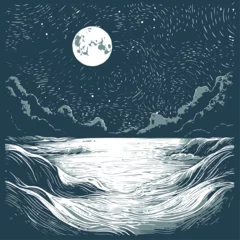 Selbstklebende Fototapeten Nachtblau Night seascape of a stormy sea and mountains with moon and stars. Linear graphic drawing.  © migfoto