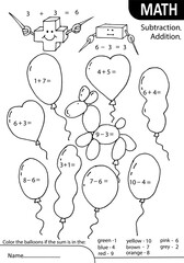 Math learning game. Addition and subtraction up to ten. Count and color the balloons. Tasks at school or at home. White black vector illustration