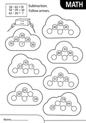 Math learning game. Calculation with subtraction. Count and write the correct numbers. Mathematical pyramid. Tasks at school or at home. White black worksheet vector illustration