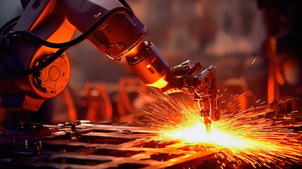 Robotic arm welding precise metal joints with high-speed torch. Generative AI