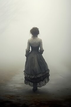 pretty victorian woman. rear view. back view. walking away. black and white dress, gray clothes. pulled back hair.