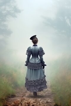 pretty retro vintage woman walking away. blue dress and hat. pulled back brown hair in a bun. misty rural landscape.