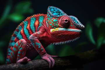 Fototapeta premium Camaleón de colores en una rama, sobre fondo oscuro. ilustracion de ia generativa