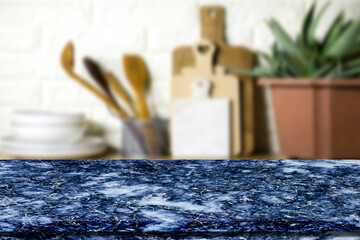 Empty marble table with Kitchen utensils background , Mock up for display or montage of product,Banner or header for advertise on social media