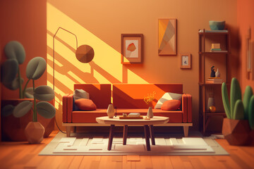 a living room with a couch and a coffee table, Low poly room, creative ai