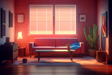 a living room with a couch and a coffee table, Low poly room, creative ai