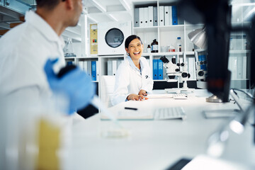 Science, collaboration and scientists working in a laboratory for medical research or analysis...