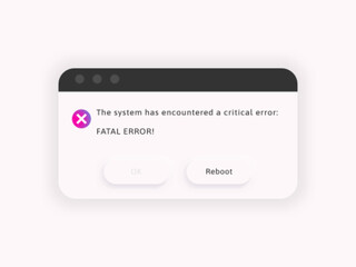 Error message. System alert window. Bug notification popup