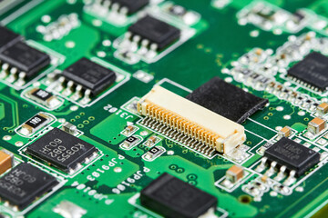 Close-up of computer chips on a part of electronic printed circuit board