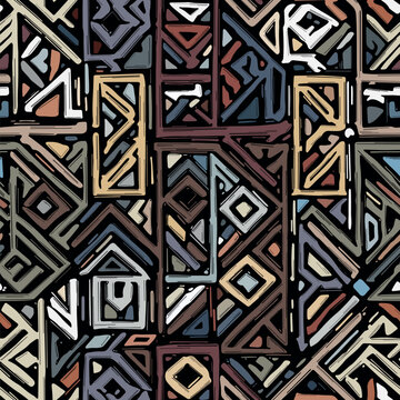 Hand drawn grid with irregular geometric figures. Multicolored squares, triangles, and rectangles on a black background. Tribal ethnic design. Seamless repeating pattern. Vector image.