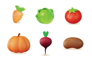 3d Color Different Fresh Vegetables Set Cartoon Style Include of Carrot, Beet and Pumpkin. Vector illustration